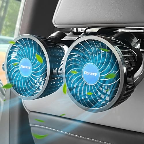 Poraxy Car Fan, Dual Head Car Fans for Backseat for Kids, Headrest 360 Degree Rotatable Back Seat Stepless Speed Vehicles Rear Seat 12V Cooling Air Fan for Sedan SUV RV - Image 1