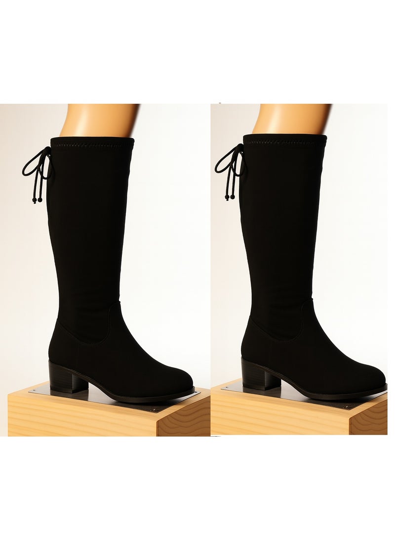Women's Knee-High Boots, Black, Block Heel, Lace-Up, Size 37
