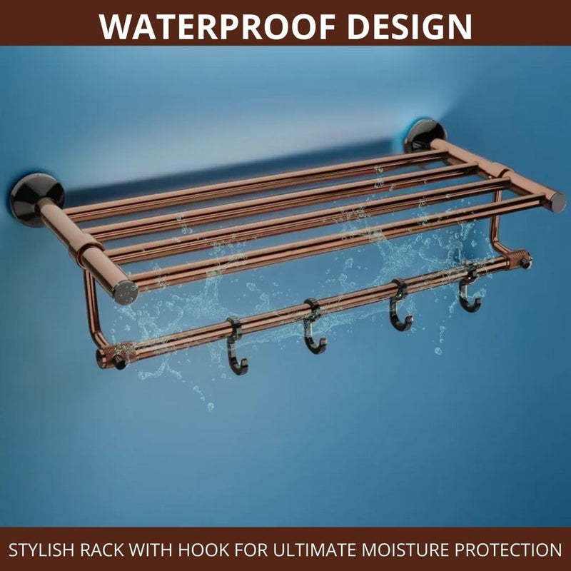 LUXIUR Towel Rack for Bathroom, Shelf for Wall with Towel Hooks, Towel Rack, Kitchen Accessories Items Wall Mounted for Heavy-Duty Elegance and Organized Bathrooms, PVD Rose Gold - Image 4