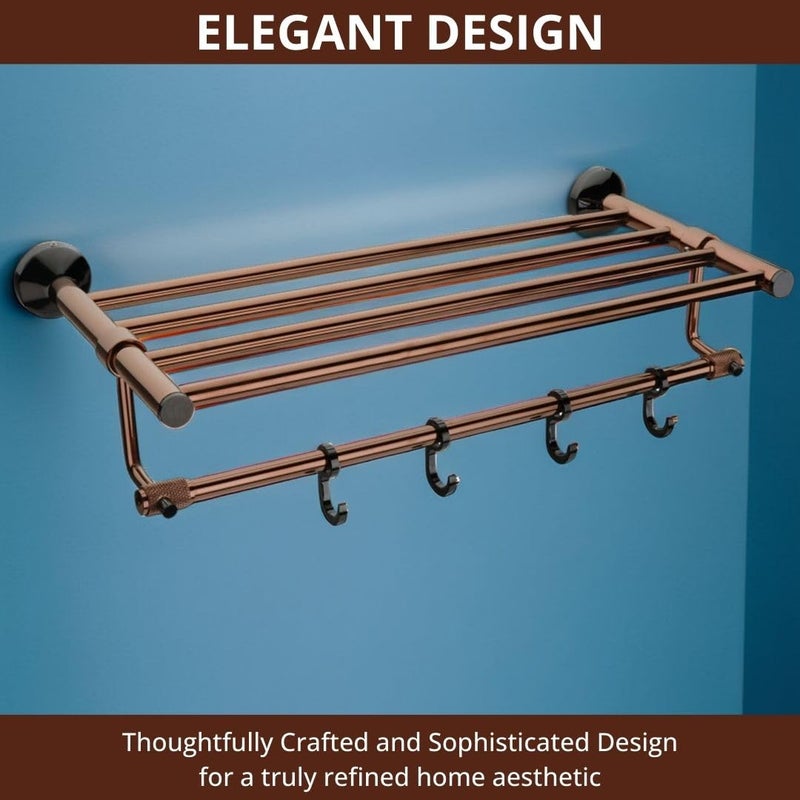 LUXIUR Towel Rack for Bathroom, Shelf for Wall with Towel Hooks, Towel Rack, Kitchen Accessories Items Wall Mounted for Heavy-Duty Elegance and Organized Bathrooms, PVD Rose Gold - Image 2