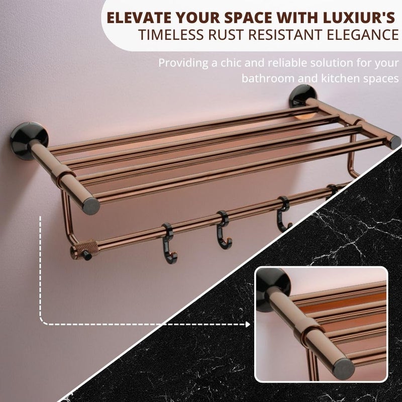 LUXIUR Towel Rack for Bathroom, Shelf for Wall with Towel Hooks, Towel Rack, Kitchen Accessories Items Wall Mounted for Heavy-Duty Elegance and Organized Bathrooms, PVD Rose Gold - Image 3
