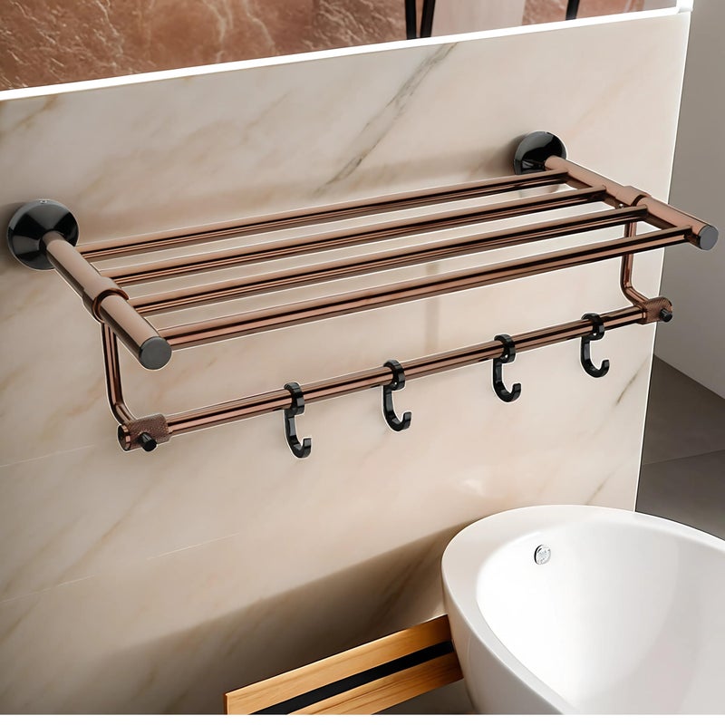 LUXIUR Towel Rack for Bathroom, Shelf for Wall with Towel Hooks, Towel Rack, Kitchen Accessories Items Wall Mounted for Heavy-Duty Elegance and Organized Bathrooms, PVD Rose Gold - Image 1
