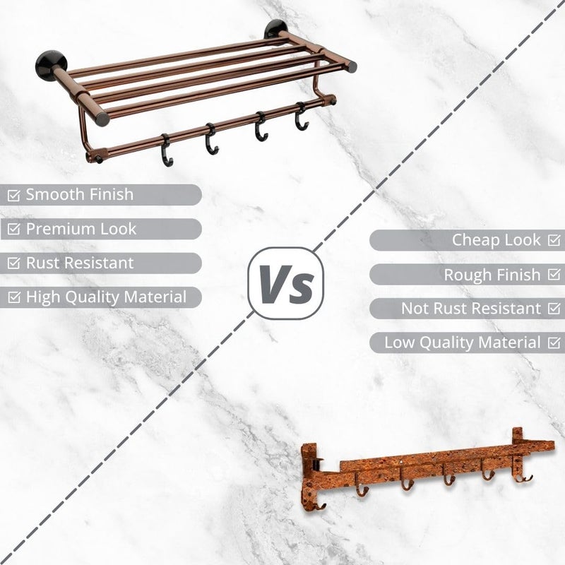 LUXIUR Towel Rack for Bathroom, Shelf for Wall with Towel Hooks, Towel Rack, Kitchen Accessories Items Wall Mounted for Heavy-Duty Elegance and Organized Bathrooms, PVD Rose Gold - Image 5