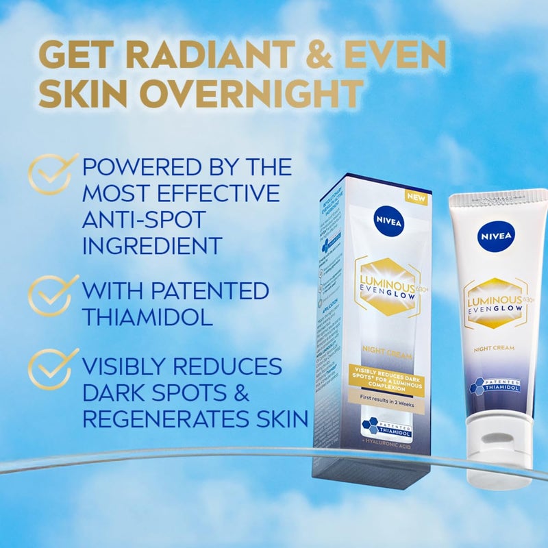 Nivea كريمات الليل المرطبة من نيفيا لومي نوس حتى توهج متساوي مع ثياميدول وحمض الهيالورونيك لتقليل البقع الداكنة وترطيب عميق وتوحيد لون البشرة وتقليل البهتان 40 مل - Image 2