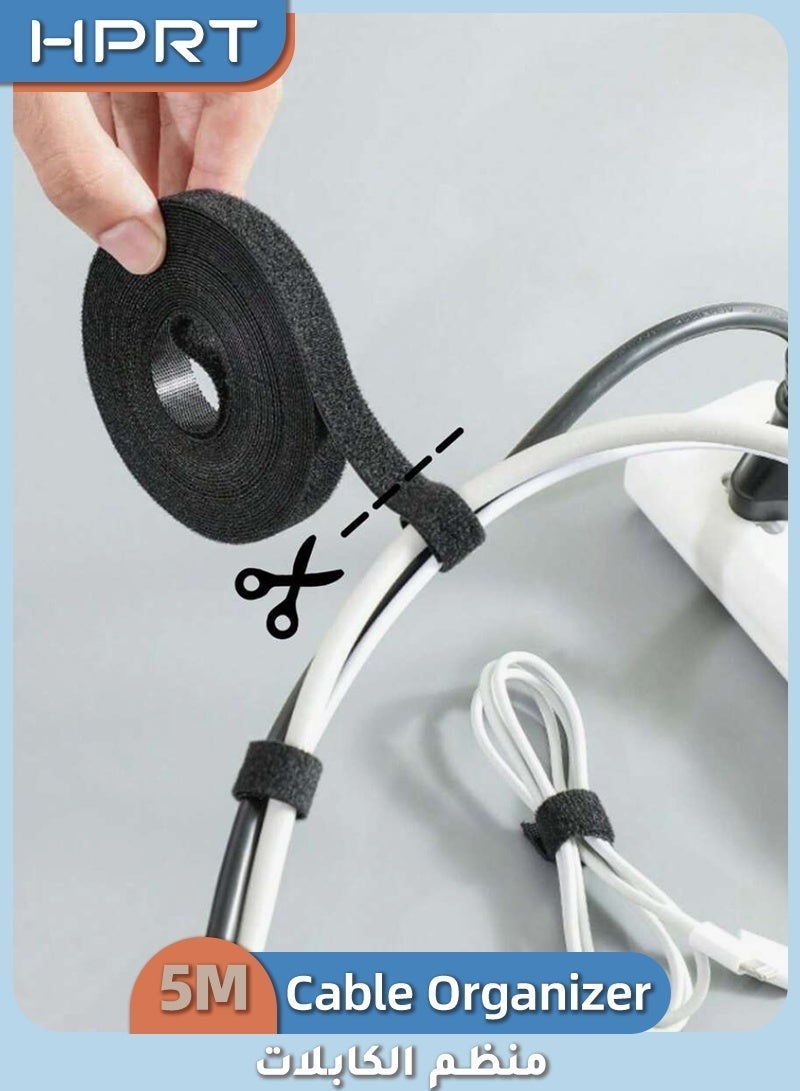 HPRT 1 Roll 500cm Cable Management Velcro Tape, Reusable Nylon Hook and Loop Tie, Cut-to-Length Wire Organizer Wrap for Home Office Computer USB Charger Cords (Black) - Image 1