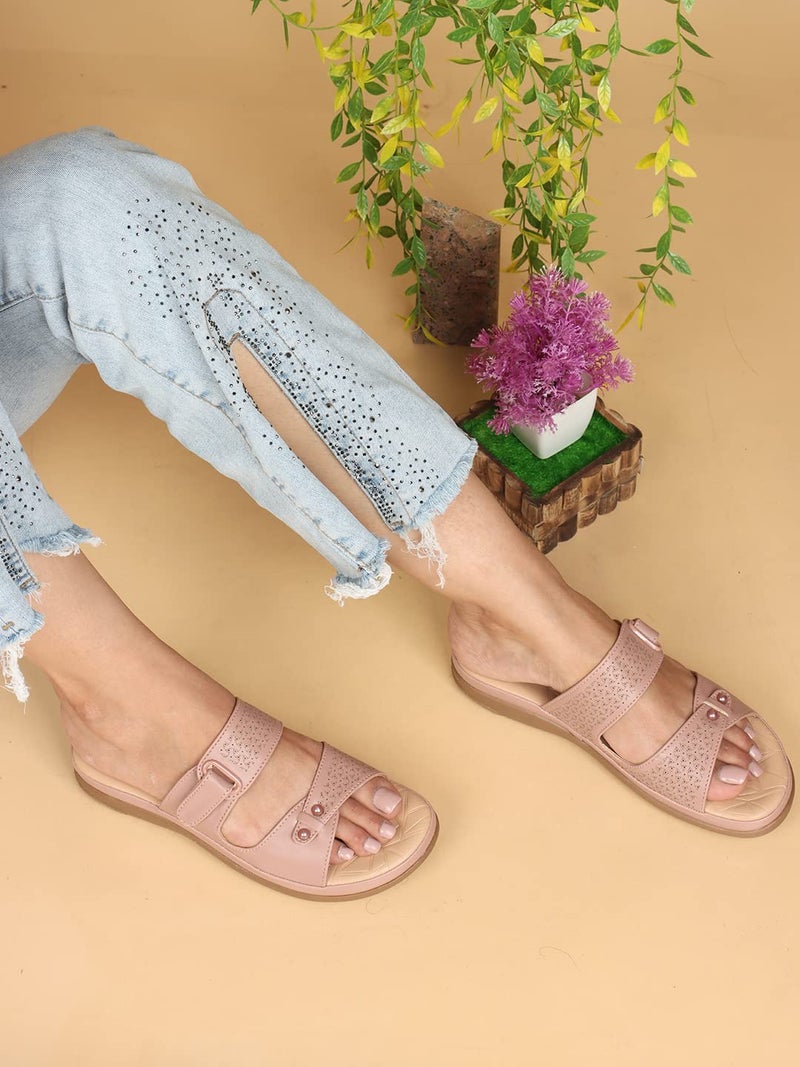 XE Looks Women's Peach Elegant Slip-On Sandals | Adjustable Velcro Straps with Modern Detailing | Stylish Perforated Design | Lightweight and Cushioned Doctor Slippers For Girls & Women - Image 4
