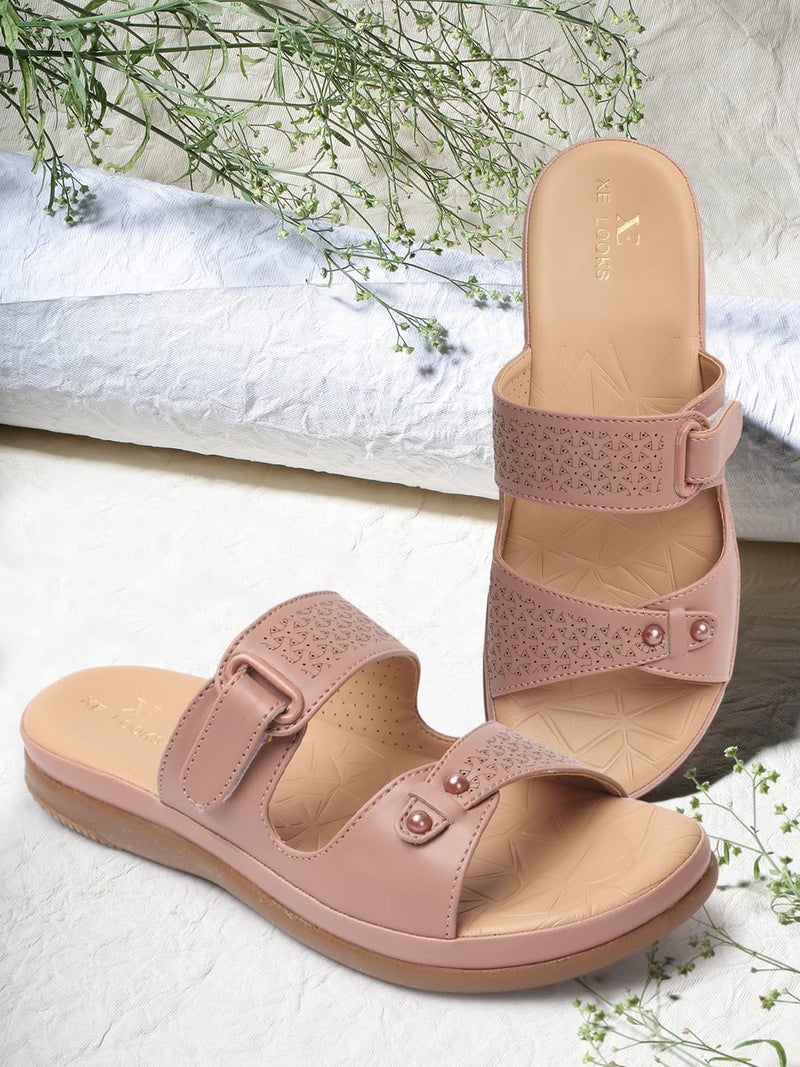XE Looks Women's Peach Elegant Slip-On Sandals | Adjustable Velcro Straps with Modern Detailing | Stylish Perforated Design | Lightweight and Cushioned Doctor Slippers For Girls & Women - Image 2