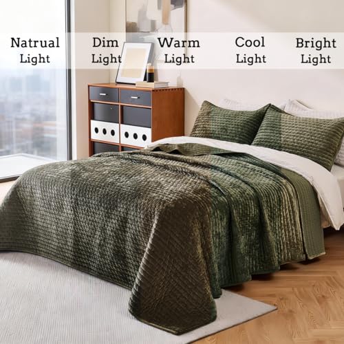 COCOPLOCEUS Luxury Velvet Quilt Set Oversized King Size 120x128 Striped Pick Stitch 3 Piece Bedspread with 2 20x36 Pillow Sham Soft Coverlet Bedding Set Lightweight Comforter for All Season Army Green - Image 3