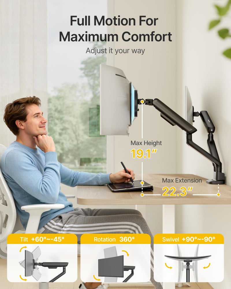 monTEK Dual Monitor Arm, Mechanical Spring Monitor Arm for 17-35" Screens, Adjustable Monitor Desk Mount Each Holds up to 26.4 lbs with C Clamp/Grommet Desk Mount, VESA 75/100mm, MA1011BK-D - Image 5