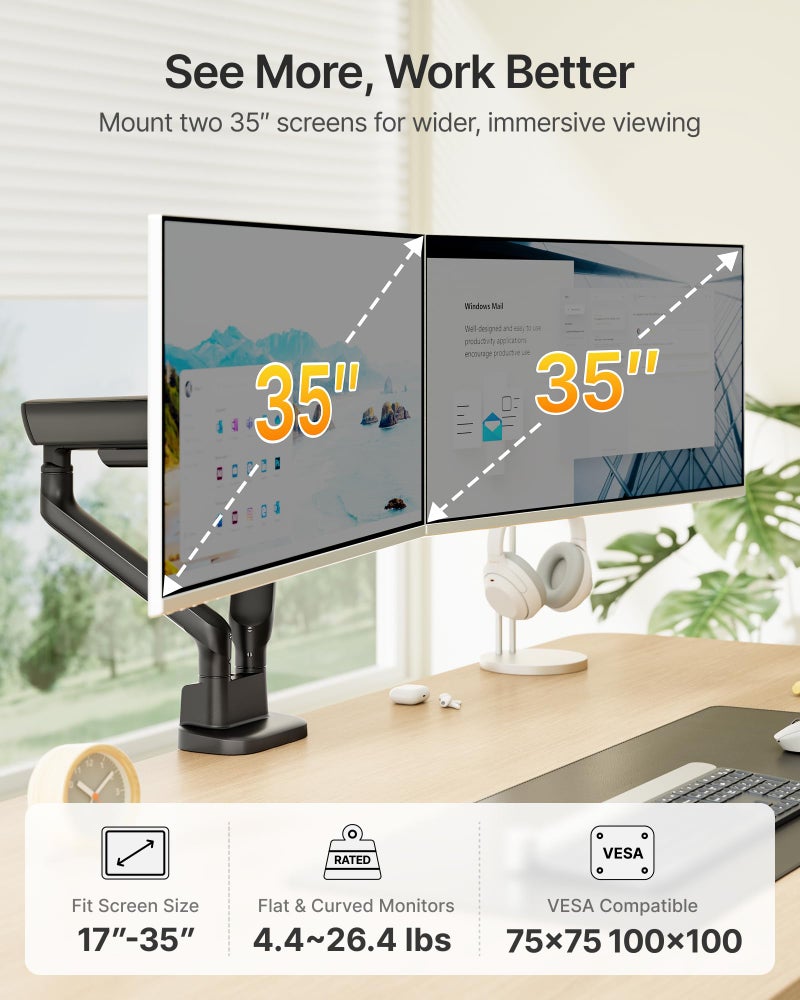 monTEK Dual Monitor Arm, Mechanical Spring Monitor Arm for 17-35" Screens, Adjustable Monitor Desk Mount Each Holds up to 26.4 lbs with C Clamp/Grommet Desk Mount, VESA 75/100mm, MA1011BK-D - Image 2