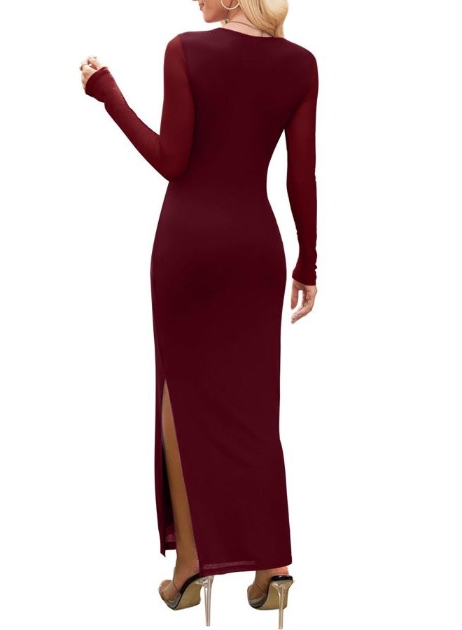 WIHOLL Women's Bodycon Maxi Dress Fall Fashion Long Sleeve Floral Print Tight Fitted Party Club Ruched Dresses, Wine Red, L - Image 4