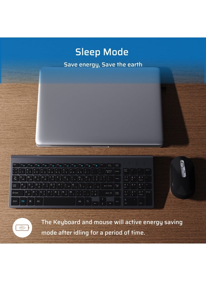 كريت مور لوحة مفاتيح وماوس لاسلكي باللغتين العربية والإنجليزية، تصميم فائق النحافة 2.4 جيجاهرتز مع مستقبل USB-A و Type-C المزدوج، مجموعة لوحة مفاتيح وماوس لاسلكية متكاملة، متوافقة مع Windows و Mac OS و Linux، مثالية للمنزل والمكتب والألعاب - Image 4