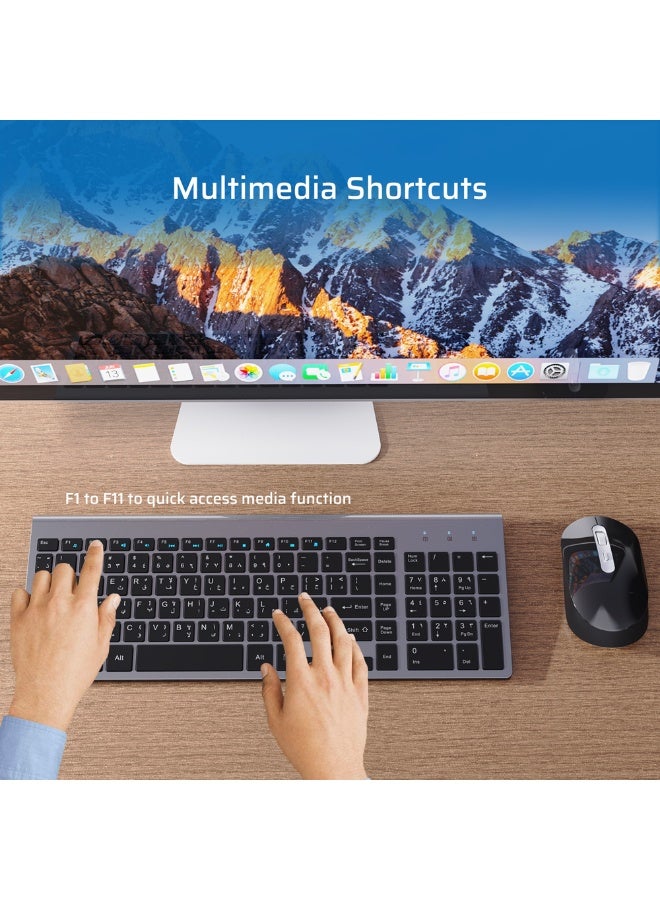 كريت مور لوحة مفاتيح وماوس لاسلكي باللغتين العربية والإنجليزية، تصميم فائق النحافة 2.4 جيجاهرتز مع مستقبل USB-A و Type-C المزدوج، مجموعة لوحة مفاتيح وماوس لاسلكية متكاملة، متوافقة مع Windows و Mac OS و Linux، مثالية للمنزل والمكتب والألعاب - Image 5