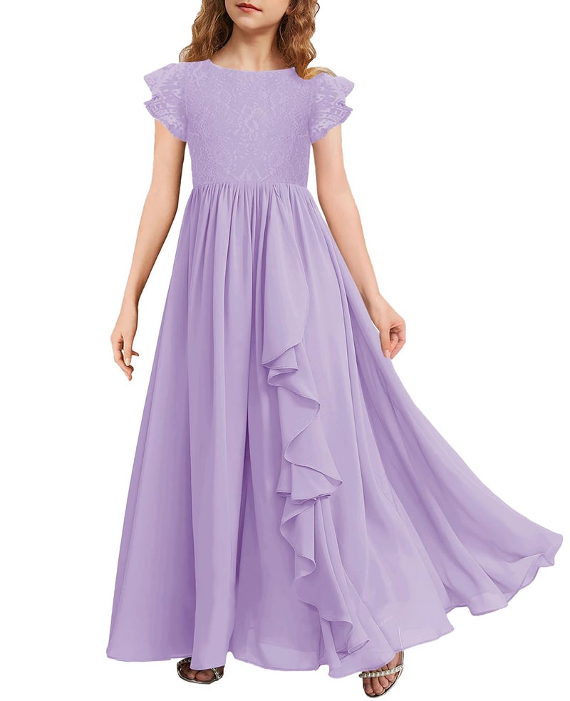 MITILLY Girls Lace Flower Maxi Dress Ruffle Sleeve ALine Flowy Junior Bridesmaid Chiffon Dresses for Wedding Party 10 Years Purple
