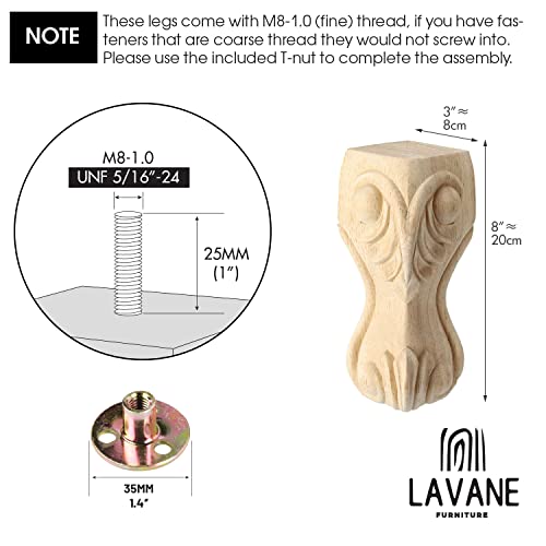 La Vane 8 inch / 20cm Wooden Furniture Legs, Set of 4 European Style Solid Wood Carving Furniture Replacement Feet Decoration for Sofa Cabinet Wardrobe Table Loveseat - Image 4