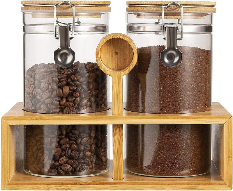 Yangbaga Ground Coffee Storage Container with Shelf, 2×45OZ Glass Coffee and Sugar Container Set, Coffee Canisters with Airtight Lids and Scoop, Food Storage Jars for Kitchen,Nuts,Tea,Sugar - Image 1
