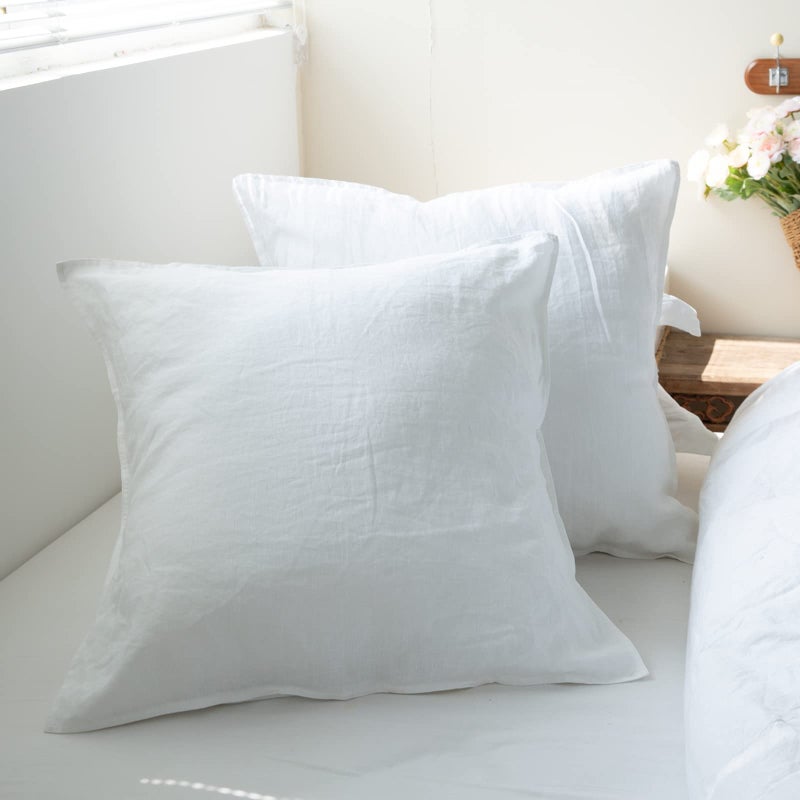 Simple&Opulence 100% Washed Linen Euro Shams 26'' x 26'' Pack of 2, Basic Style Solid Color Natural Flax Farmhouse Decorative Square Throw Pillow Covers for Bed Couch Sofa - White - Image 1