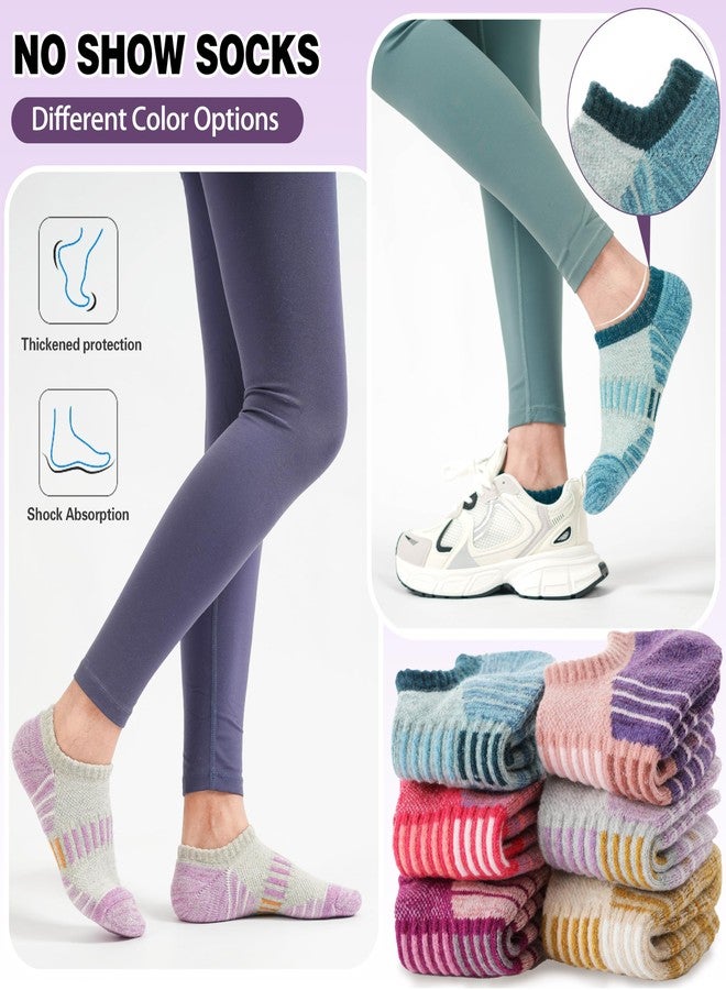 Sandsuced Merino Wool Ankle Athletic Running No Show Socks Cushioned Breathable Low Cut Sports Warm Thick Socks for Women 6 Pairs (Multi Colored Stripes,M) - Image 4