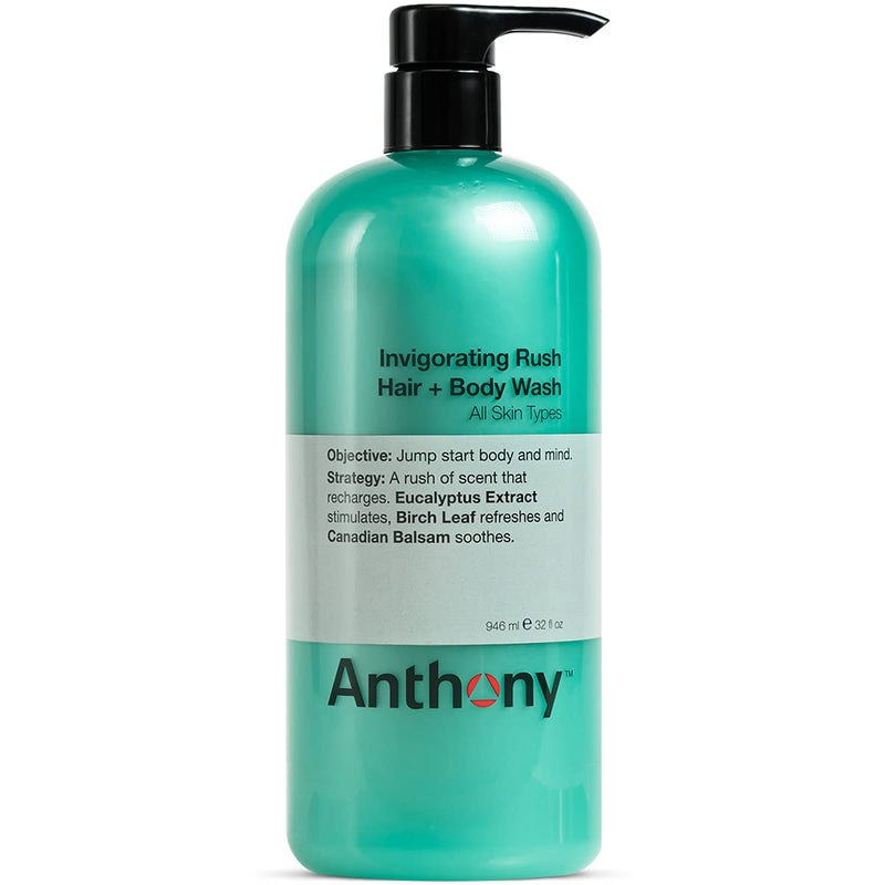 Anthony Mens Body Wash and Shampoo: Invigorating Rush 2-In-1 Liquid Gel Soap & Hair Shampoo, Pine Wood Scent, Hydrating with Eucalyptus, Canadian Balsam, Birch Leaf, Charcoal, Sea Kelp, 32 Fl. Oz - Image 1