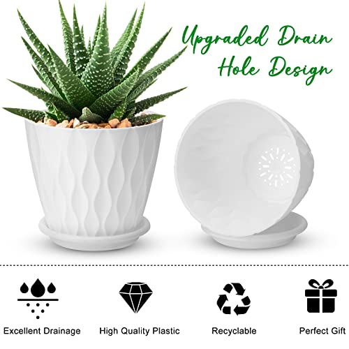 YNNICO 6 inch Plant Pots, 5 Pack Flower Pots Outdoor Indoor, Planters with Drainage Hole and Tray Saucer（White - Image 3