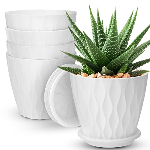 YNNICO 6 inch Plant Pots, 5 Pack Flower Pots Outdoor Indoor, Planters with Drainage Hole and Tray Saucer（White - Image 1