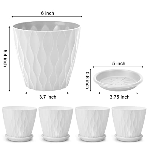 YNNICO 6 inch Plant Pots, 5 Pack Flower Pots Outdoor Indoor, Planters with Drainage Hole and Tray Saucer（White - Image 2