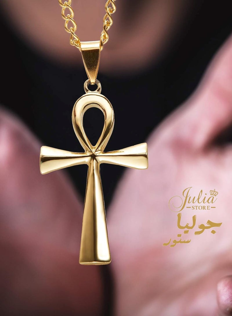 جوليا ستور قلادة فرعون من الفولاذ المقاوم للصدأ مطلية بالذهب عيار 18 قيراطًا على شكل مفتاح حياة مصر القديمة قلادة فرعون مطلية بالذهب عيار 18 قيراطًا مع سلسلة 50 سم هدية للنساء والرجال الأكثر مبيعًا - Image 2