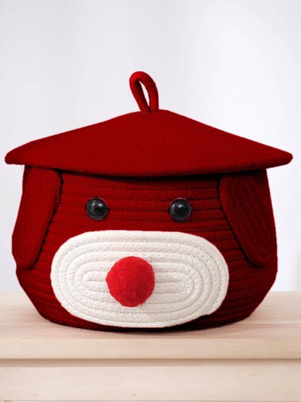 Superfine Cute Baby Bear Handmade Jute Cotton Thread Rope Basket | Woven Storage Basket With Cap | Nursery Organizers And Storage,Kids Basket, Toy Bin, Baby Gift Basket. (Red,11x11x7))  - Image 1