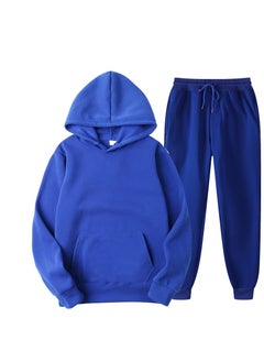 Spring New Glboard Solid Color Hooded Sweatshirt Casual Pants Fleece-Lined Pulloversuit Mens Sets Blue