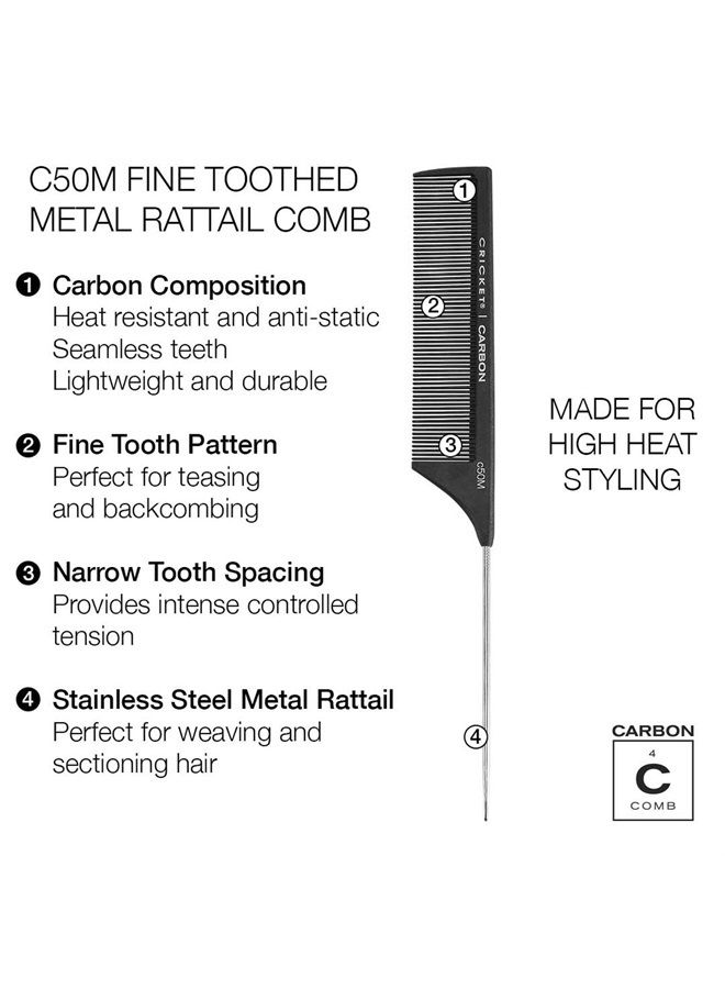 Cricket C50M Professional Hair Stylist Carbon Fine Tooth Metal Rattail Comb Anti-Static Heat Resistant Pin Tail Style Combs for Styling Teasing Parting Sectioning Hair Coloring Lifting - Image 2