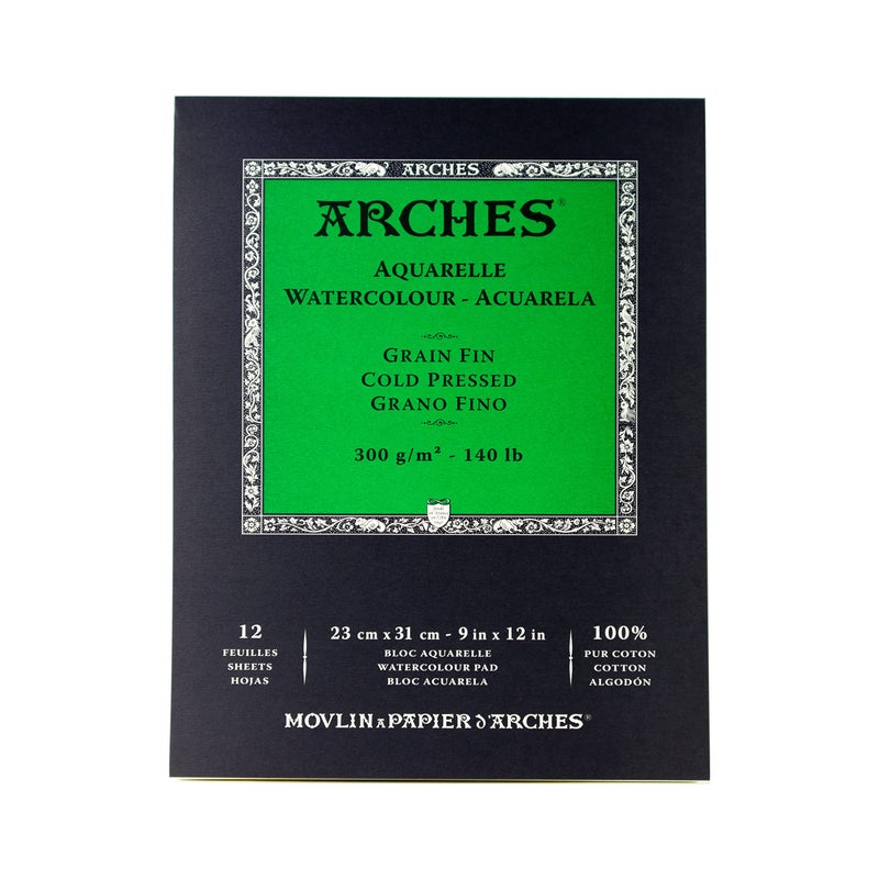Arches Watercolor Pad 9x12-inch Natural White 100% Cotton Paper - 12 Sheet Arches Watercolor Paper 140 lb Cold Press Pad - Arches Art Paper for Watercolor Gouache Ink Acrylic and More - Image 1