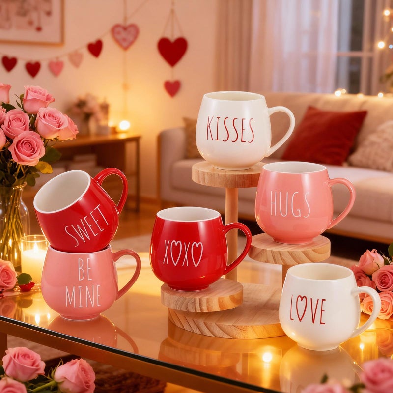 Layhit 6 Pcs Valentine Coffee Mugs 12 oz Valentine Ceramic Mugs Bulk Cute Couple Cups Set for Anniversary Wedding Engagement Birthday Couple Gifts Mom Girlfriend - Image 3