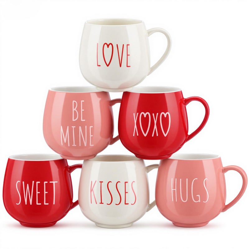 Layhit 6 Pcs Valentine Coffee Mugs 12 oz Valentine Ceramic Mugs Bulk Cute Couple Cups Set for Anniversary Wedding Engagement Birthday Couple Gifts Mom Girlfriend - Image 1