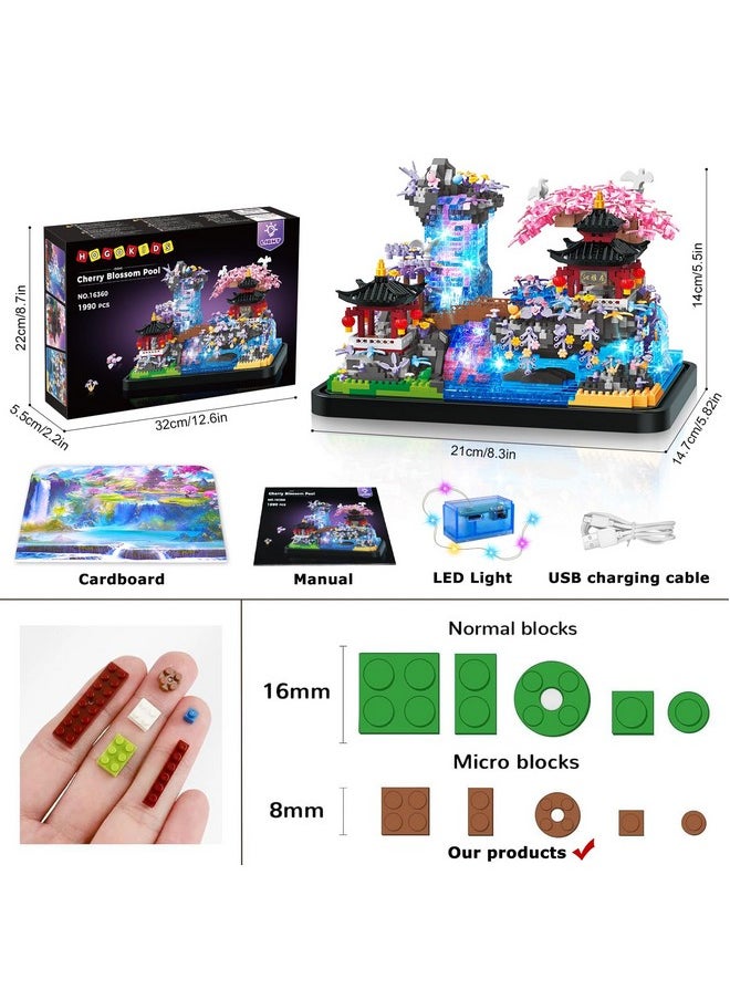 Hogokids Cherry Blossom Micro Building Set With Light - Japanese Cherry Tree House Pond Building Block Kit, Home Office Decor Japan Bonsai Tree Building Brick Gift For Adults 1990 Pcs Micro Bricks  - Image 5
