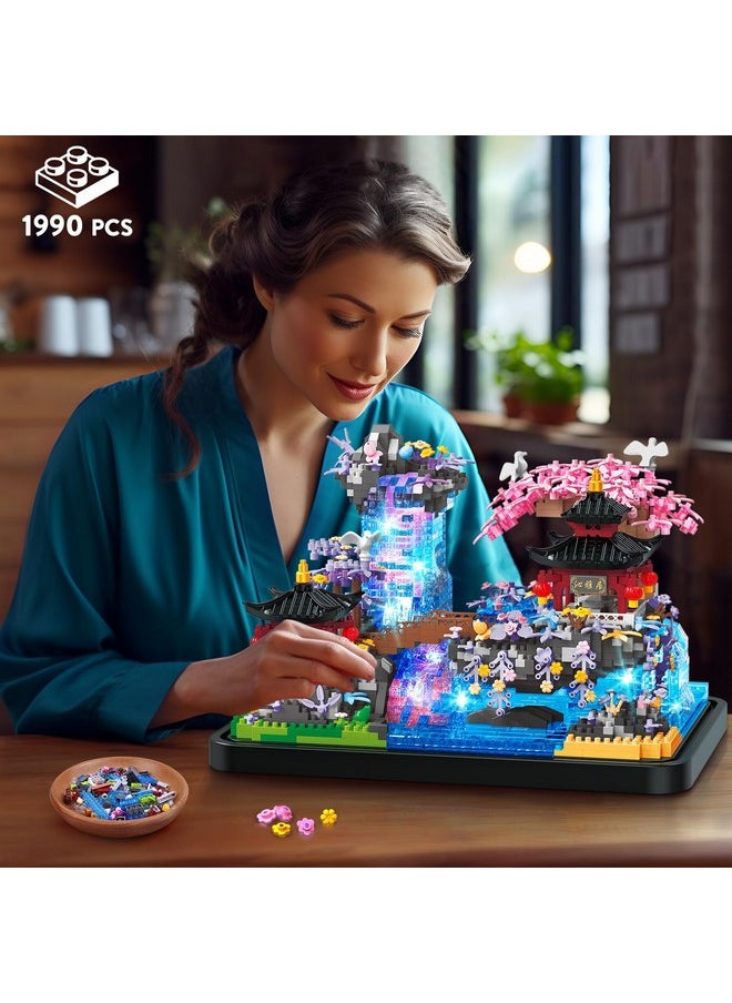 Hogokids Cherry Blossom Micro Building Set With Light - Japanese Cherry Tree House Pond Building Block Kit, Home Office Decor Japan Bonsai Tree Building Brick Gift For Adults 1990 Pcs Micro Bricks  - Image 2
