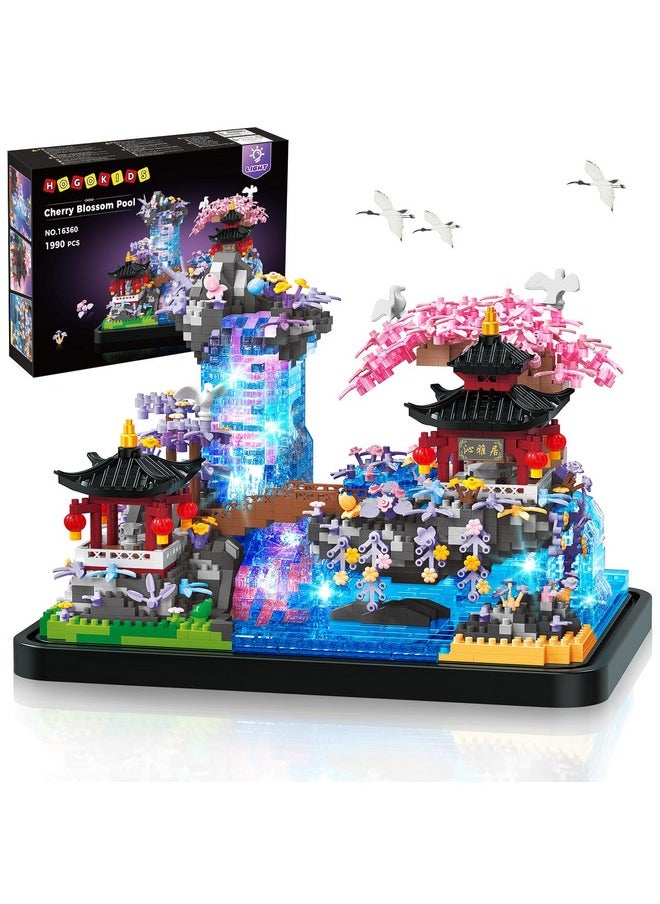 Hogokids Cherry Blossom Micro Building Set With Light - Japanese Cherry Tree House Pond Building Block Kit, Home Office Decor Japan Bonsai Tree Building Brick Gift For Adults 1990 Pcs Micro Bricks  - Image 1