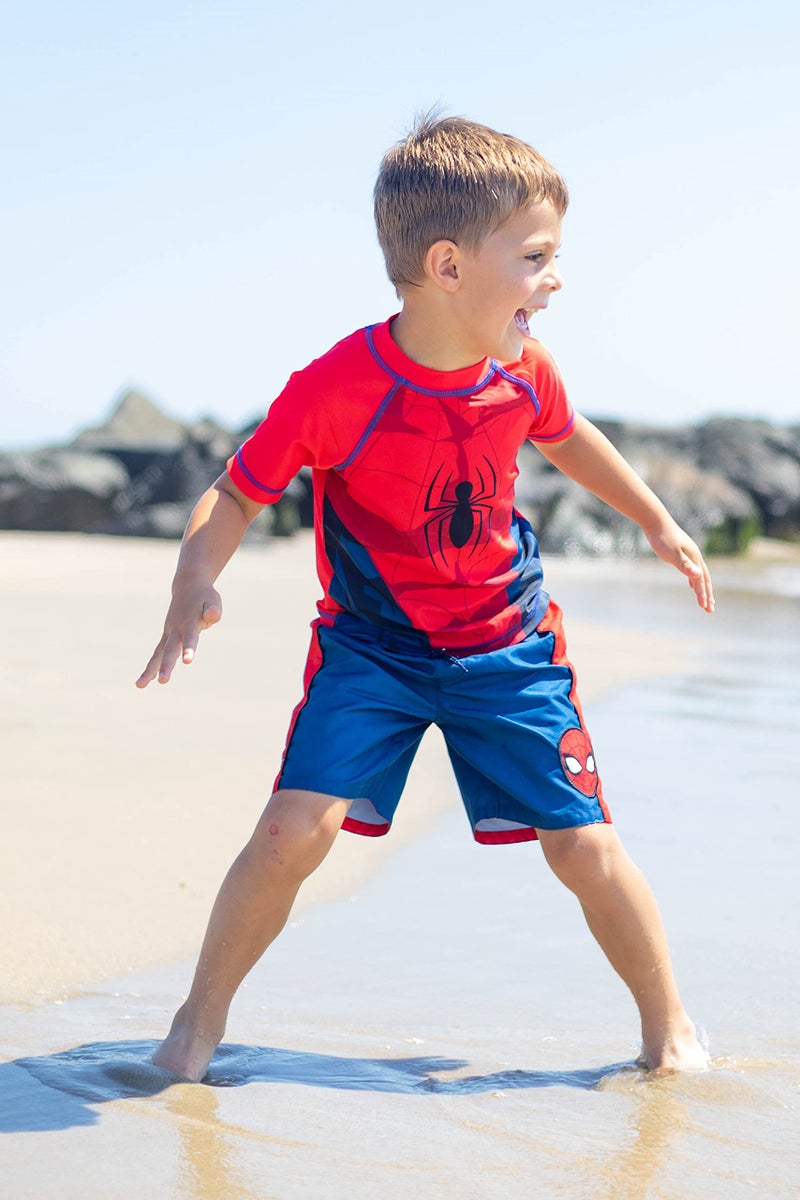 Marvel Spider-Man Little Boys UPF 50+ Cosplay Rash Guard & Swim Trunks Outfit Set Red/Blue 5-6 - Image 2