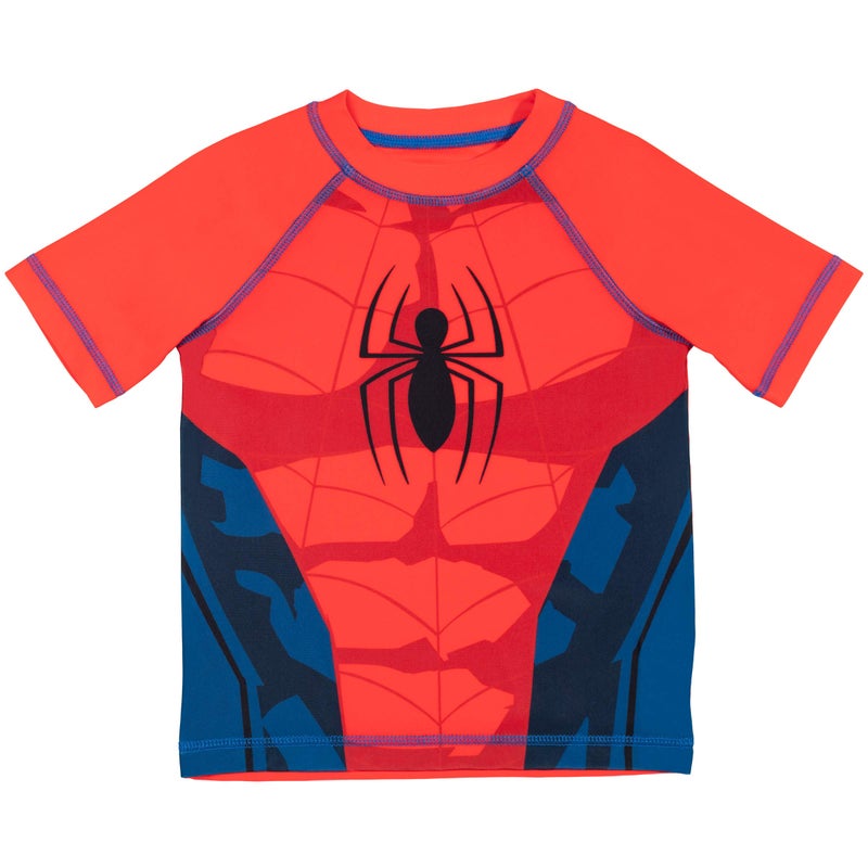 Marvel Spider-Man Little Boys UPF 50+ Cosplay Rash Guard & Swim Trunks Outfit Set Red/Blue 5-6 - Image 3