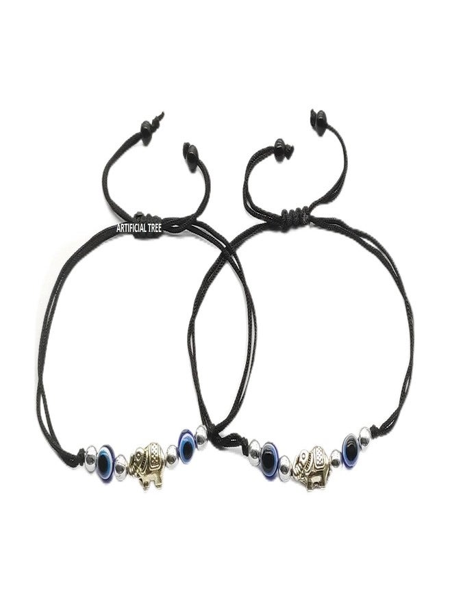 ARTIFICIAL TREE German Silver Evil Eye + Elephant Ball Charms Black Thread Adjustable Anklet | Nazar Battu | for Women and Girls (AT ANK 046) - Image 1