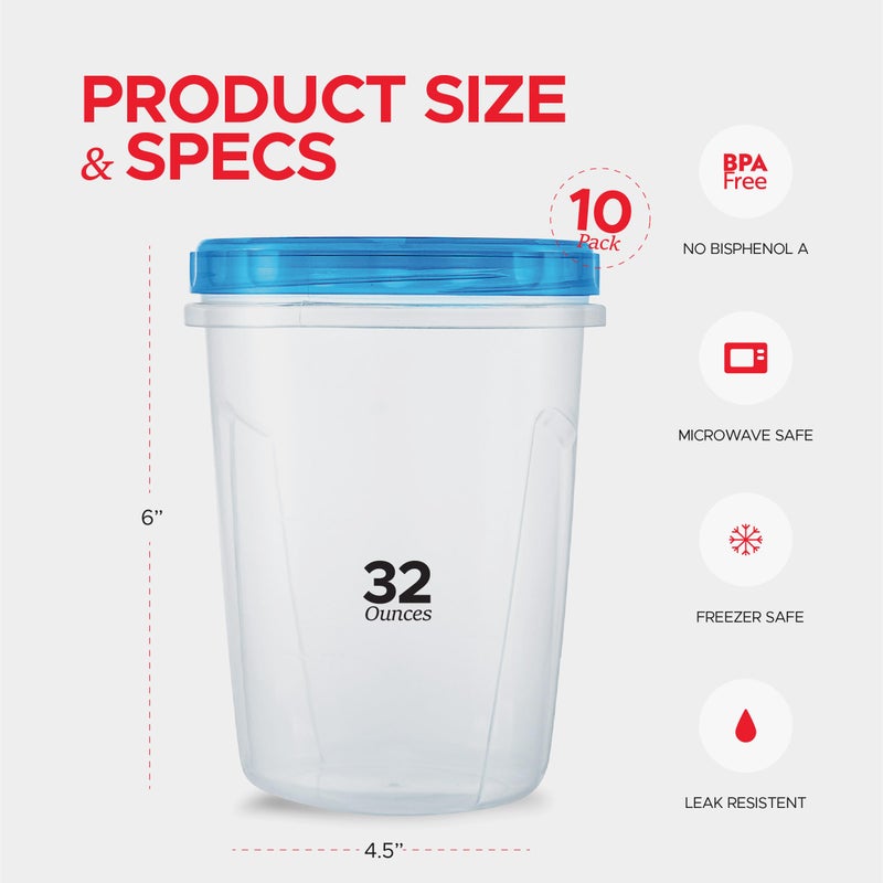 Tafura 10 Pack Leakproof Freezer Containers for Food with Twist Top Lids - 32 Oz BPA Free Reusable Plastic Soup Containers with Screw On Lids - Ideal for Meal Prep, Leftovers & Pantry Organization - Image 4