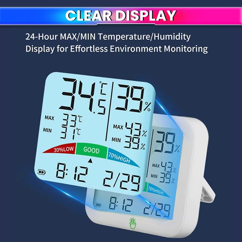 amiciSense مقياس الرطوبة ودرجة الحرارة الرقمي، AS-55 محطة مراقبة الطقس لدرجة الحرارة والرطوبة مع ساعة وشاشة LCD مع إضاءة خلفية، بلاستيك، عبوة من 1 - Image 5