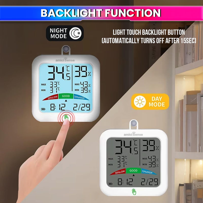 amiciSense مقياس الرطوبة ودرجة الحرارة الرقمي، AS-55 محطة مراقبة الطقس لدرجة الحرارة والرطوبة مع ساعة وشاشة LCD مع إضاءة خلفية، بلاستيك، عبوة من 1 - Image 4