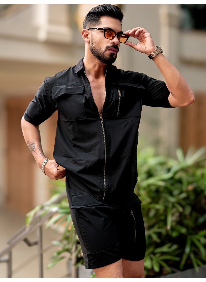 Maniac Mens Solid Front Full Zipper Black Jacket and Black Shorts Nylon Oversized Co-Ords  - Image 3