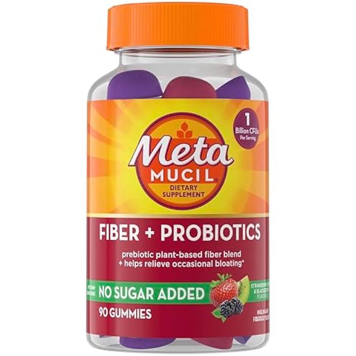 Metamucil مكملات ميتاميوسيل للألياف على شكل حلوى للبالغين مع البروبيوتيك لتخفيف الانتفاخ، بنكهة الفراولة والكيوي والتوت الأسود بدون سكر مضاف، 5 جرام من الألياف النباتية المسببة للبروبيوتيك، 90 حبة - Image 1