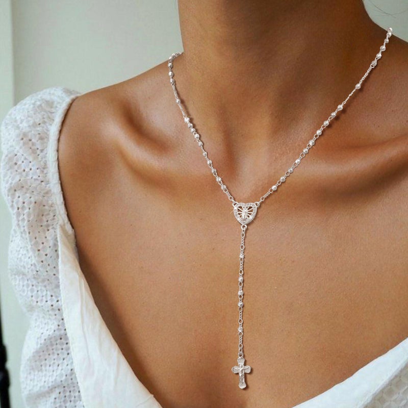 XUANPAI Women's Silver Virgin Mary Necklace - 14k Gold Plated Rosary Bead Cross Necklaces,Hypoallergenic Non Tarnish Gold Catholic Y Chain Necklace,Religious Rosary Beads Crucifix Jewelry Gift for Her - Image 3