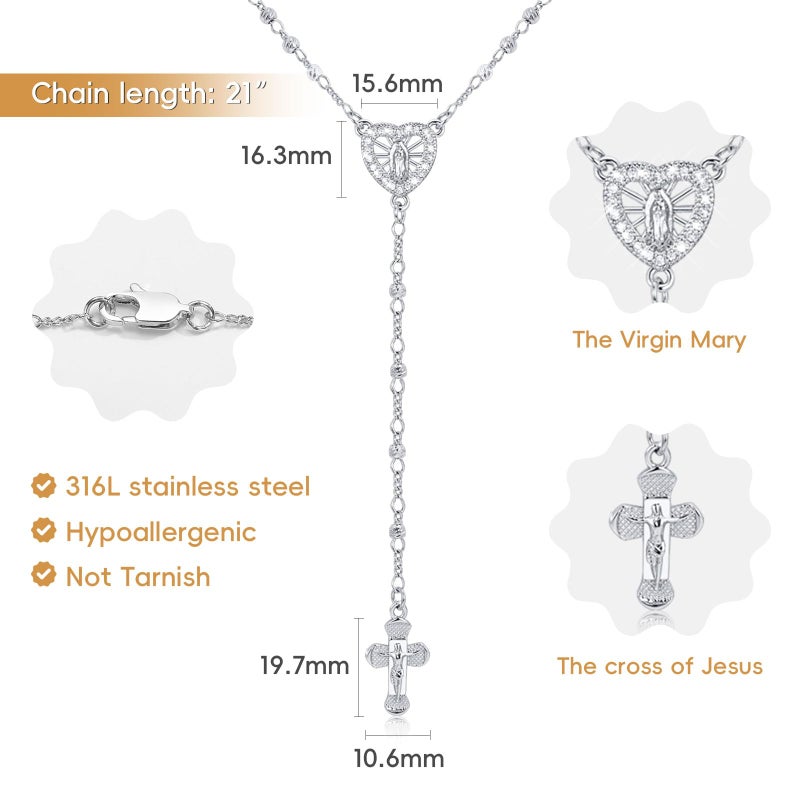 XUANPAI Women's Silver Virgin Mary Necklace - 14k Gold Plated Rosary Bead Cross Necklaces,Hypoallergenic Non Tarnish Gold Catholic Y Chain Necklace,Religious Rosary Beads Crucifix Jewelry Gift for Her - Image 4