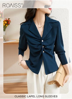 roaiss Elegant Business Shirt For Women'S Daily Commuting Versatile Pleated Design Lapel Single-Breasted Long-Sleeved Professional Shirt  - Image 2