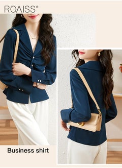 roaiss Elegant Business Shirt For Women'S Daily Commuting Versatile Pleated Design Lapel Single-Breasted Long-Sleeved Professional Shirt  - Image 3