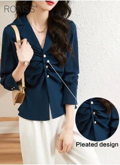 roaiss Elegant Business Shirt For Women'S Daily Commuting Versatile Pleated Design Lapel Single-Breasted Long-Sleeved Professional Shirt  - Image 5