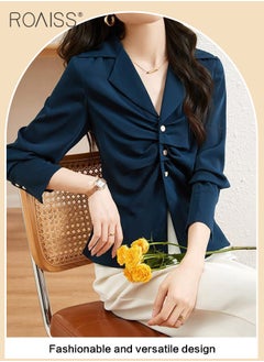 roaiss Elegant Business Shirt For Women'S Daily Commuting Versatile Pleated Design Lapel Single-Breasted Long-Sleeved Professional Shirt  - Image 4